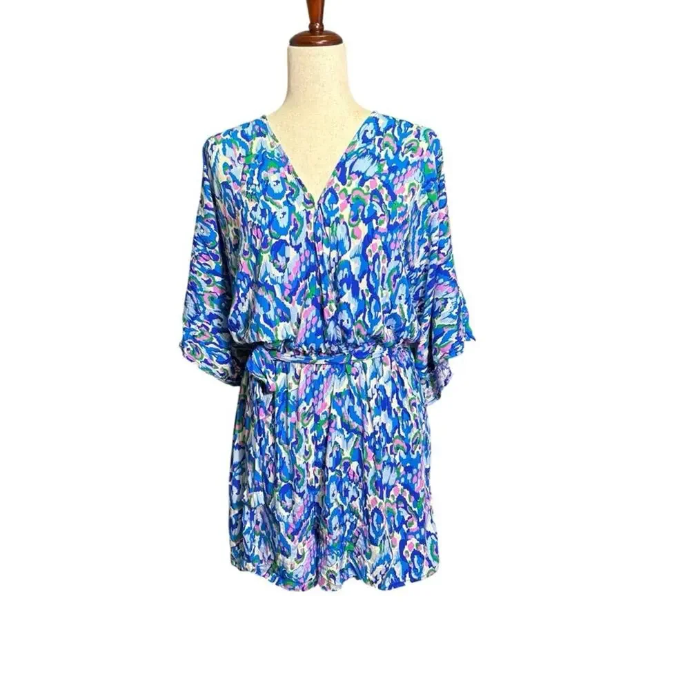 NWT Cupshe Blue Pink Green Abstract Print V-neck Drawstring Swim Romper XL 1251